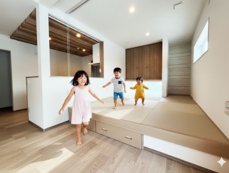 明るいリビングで、畳の小上がりと木製の床があり、子供3人が笑顔で走り回って遊んでいる様子