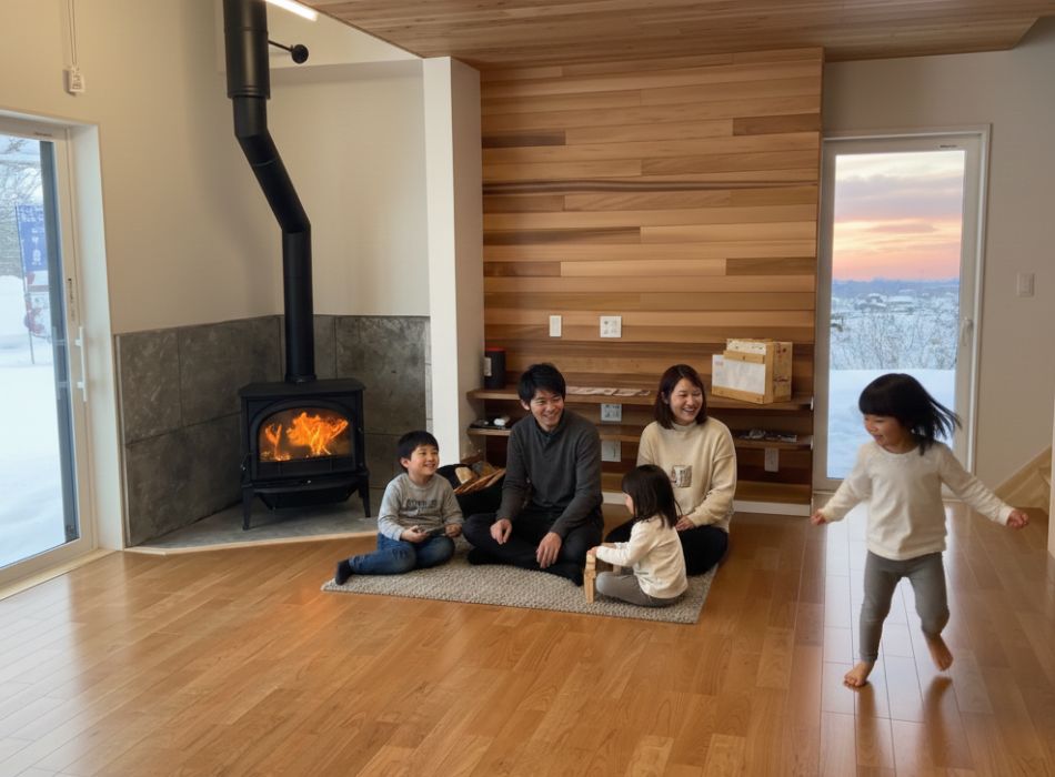 薪ストーブのあるリビングで、雪景色と夕焼けを背景に家族4人がくつろぎ、子供たちが遊ぶ様子